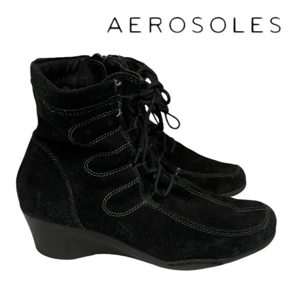 Aerosoles Tor Guide Women's Black Suede Leather Wedge Boots Ankle Booties 9
